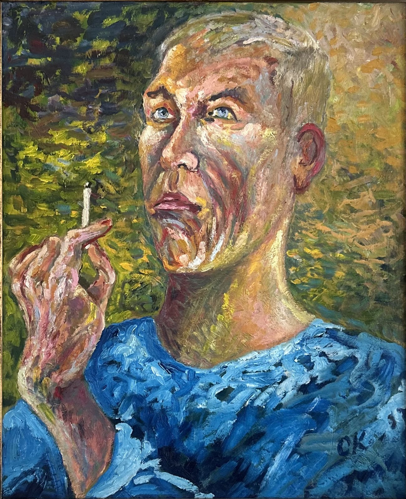 Self-Portrait with a Cigarette by Oskar Kokoschka, the painter holding a cigarette against a green and gold background